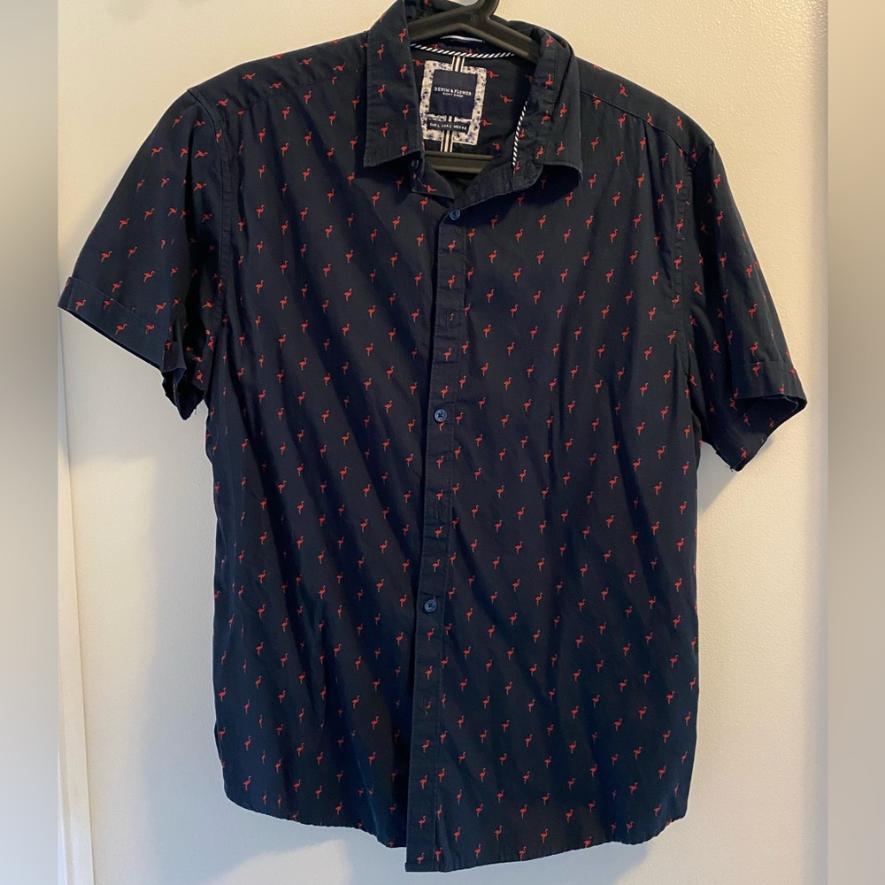Nice denim & flower flamingo patterned shirt.